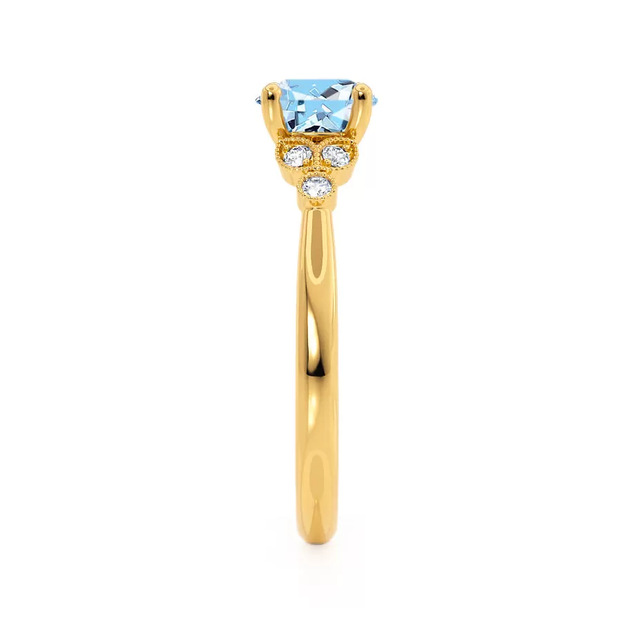 DELILAH - Chatham® Round Aqua Spinel 18k Yellow Gold Shoulder Set Ring