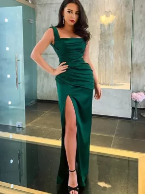 Elegant Dark Green Stain Side Slit A-line Long Prom Dresses, PDS0119