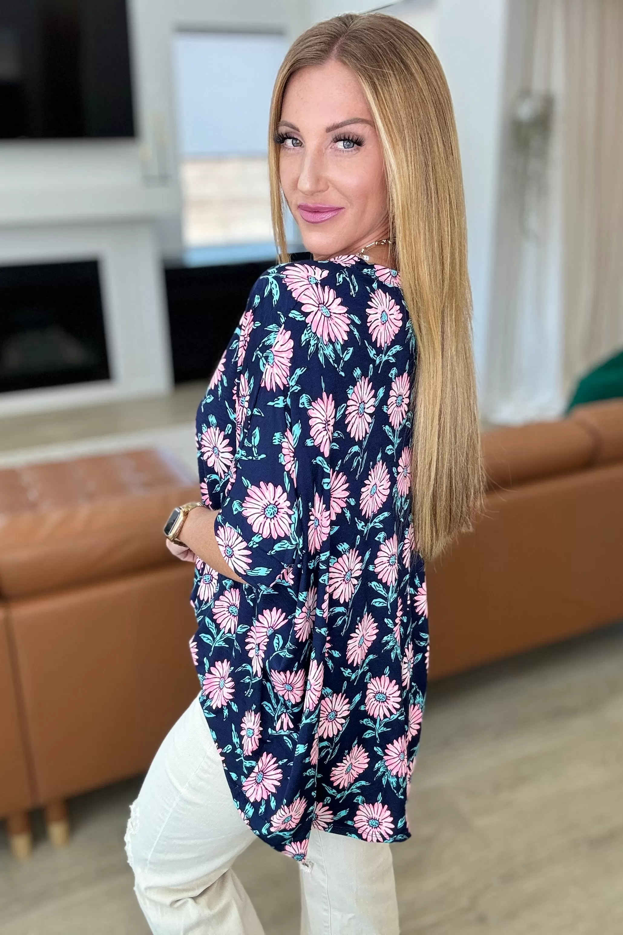 Essential Blouse in Navy and Pink Daisies