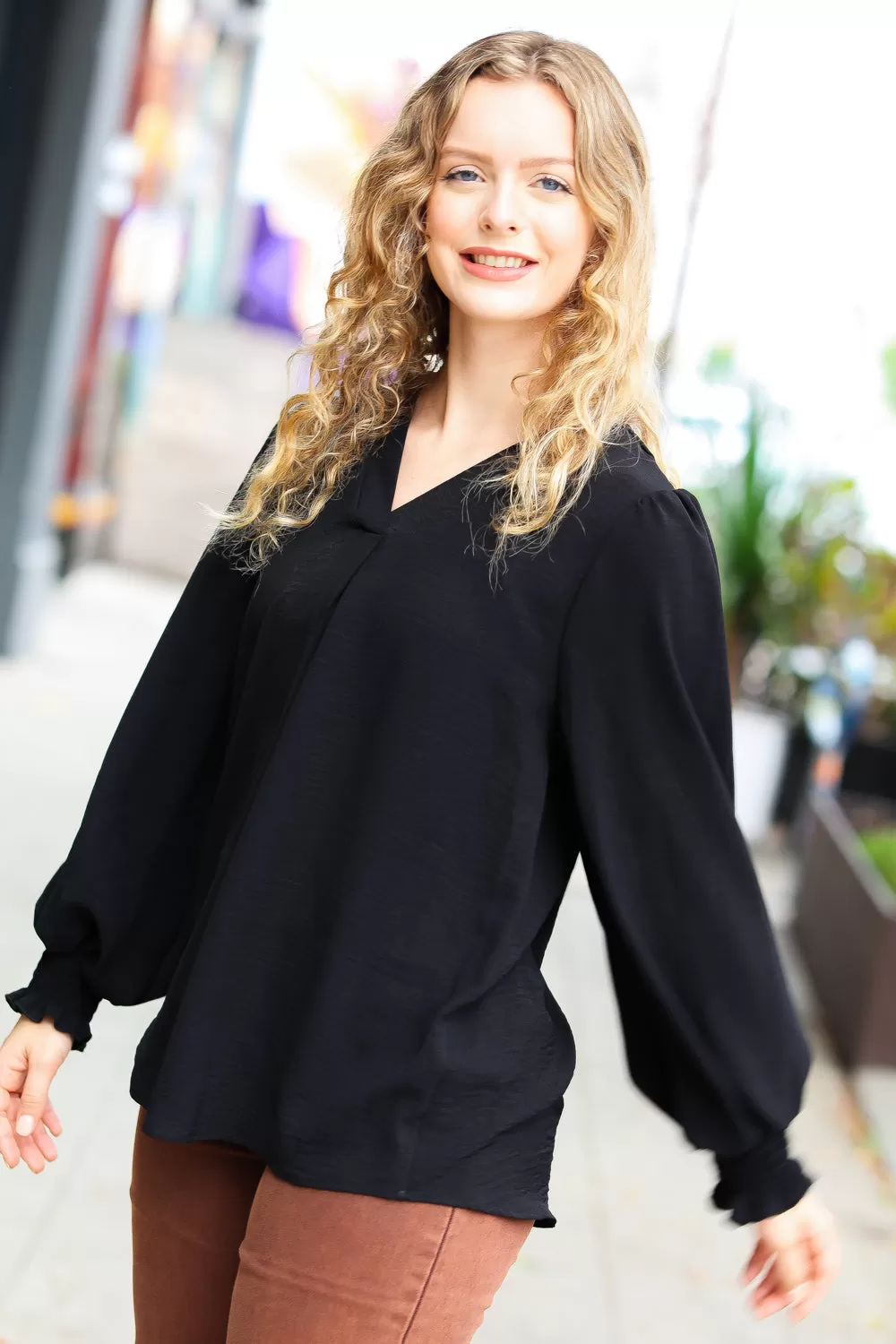 Feeling Bold Black Banded V Neck Smocked Top