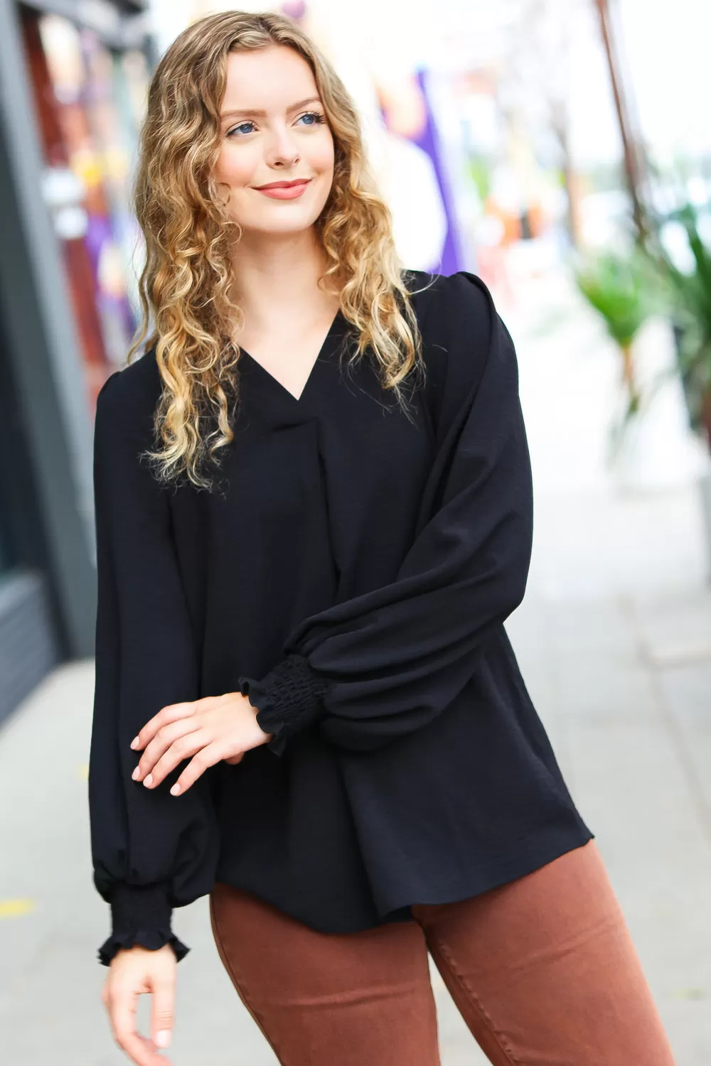 Feeling Bold Black Banded V Neck Smocked Top