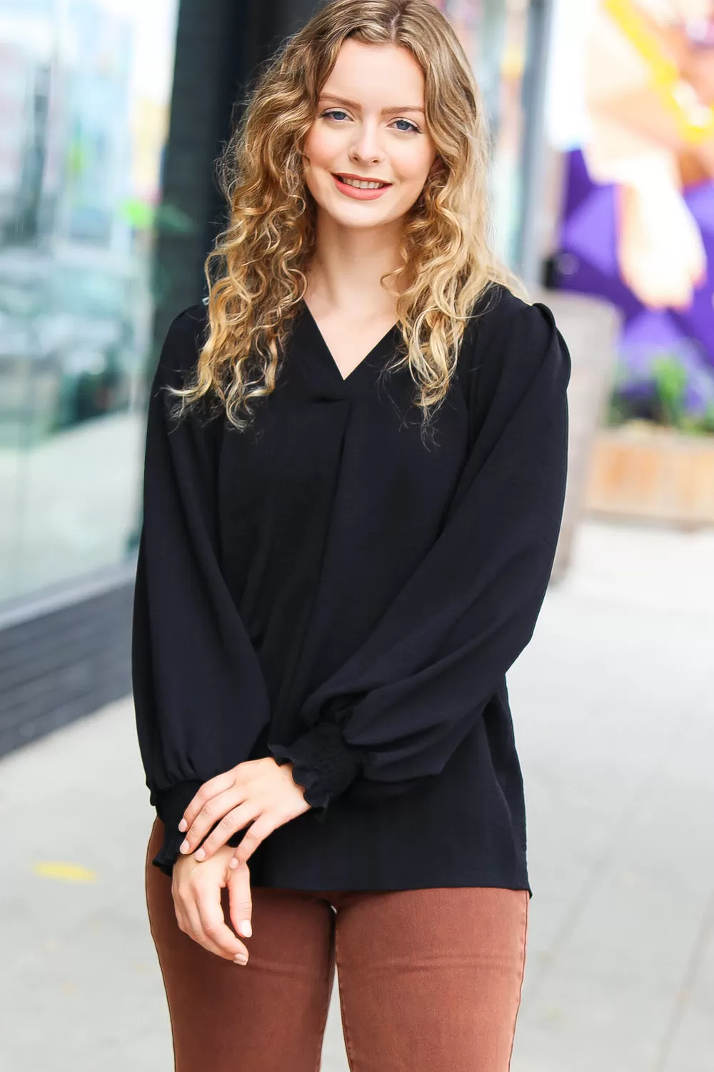 Feeling Bold Black Banded V Neck Smocked Top