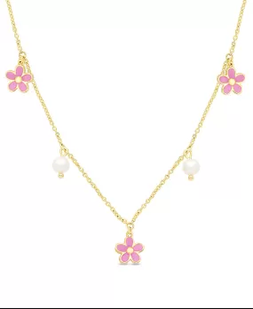 Flower and Freshwater Pearl Charms Necklace (Pink)