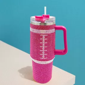 Fuchsia Bling Studded Football 40oz Stainless Steel Tumbler With Handle