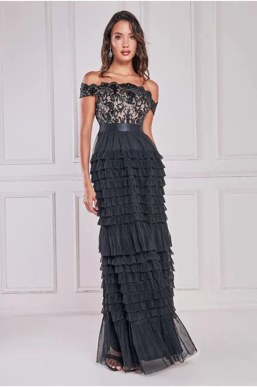 Goddiva Scallop Bardot Ruffle Mesh Maxi