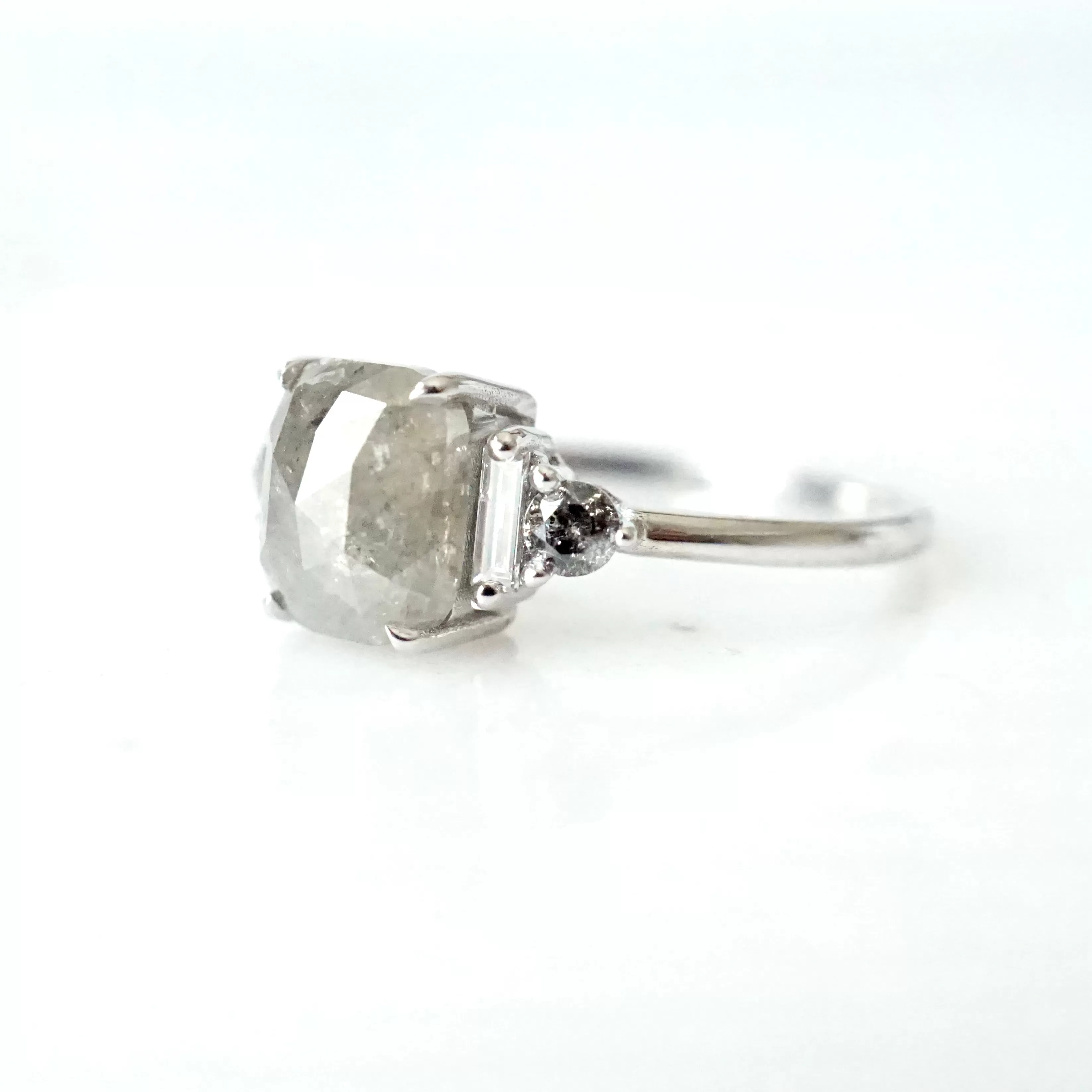 Grey Salt and Pepper Diamond Ring 14k White Gold - Grey Cushion Diamond Ring