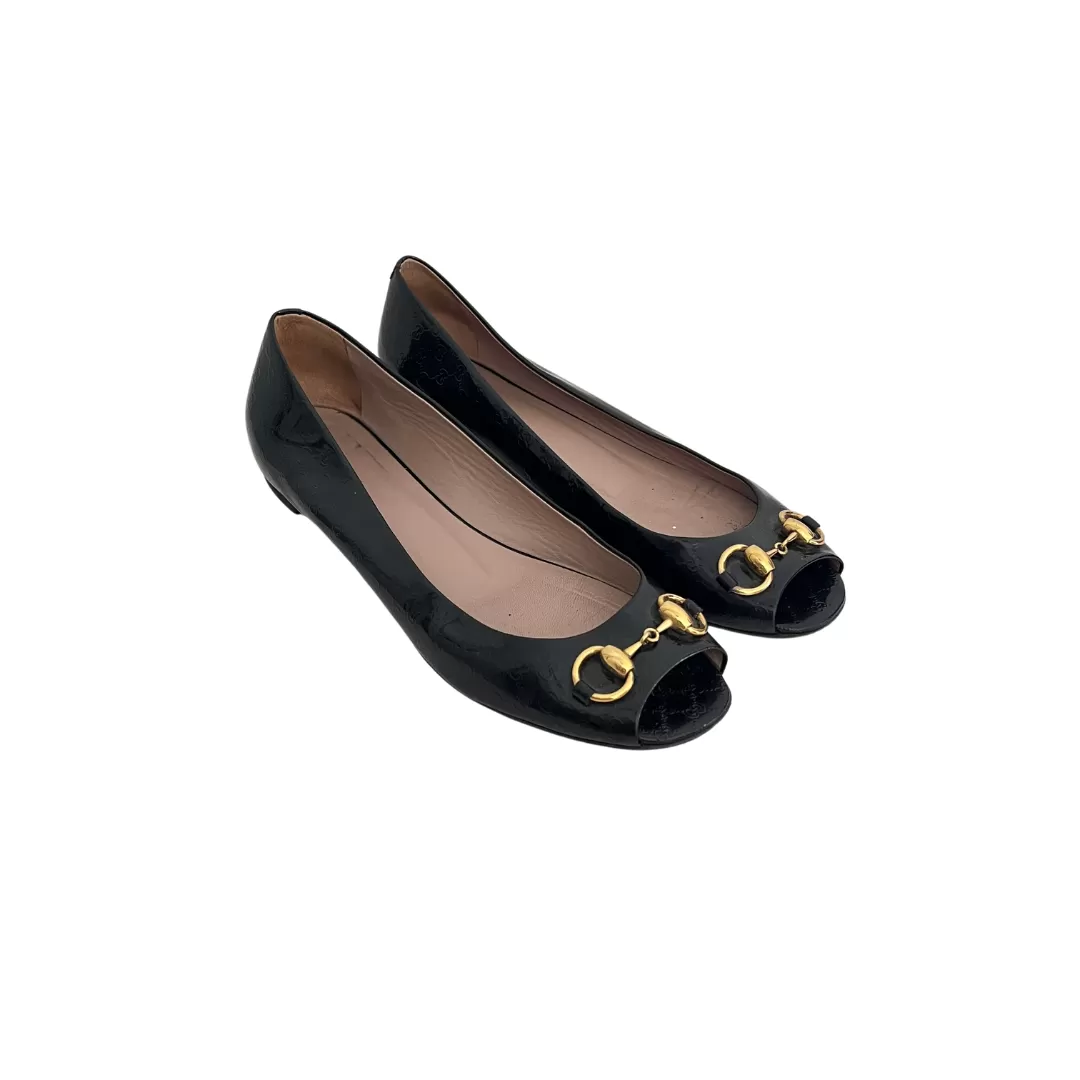 Gucci Black Patent Peep-toe Horse-bit Flats | Pre Loved |