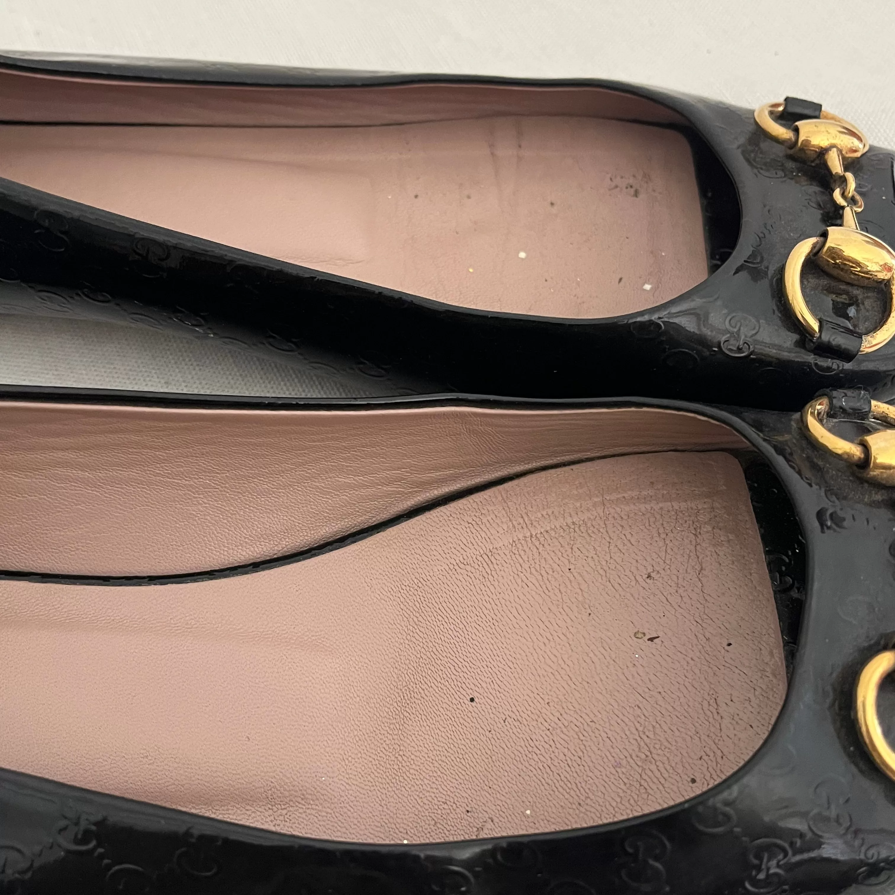 Gucci Black Patent Peep-toe Horse-bit Flats | Pre Loved |