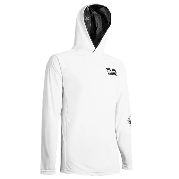 Hooded Performance Long Sleeve Shirt w/Mesh | White | Inner Hood-B/O American Flag