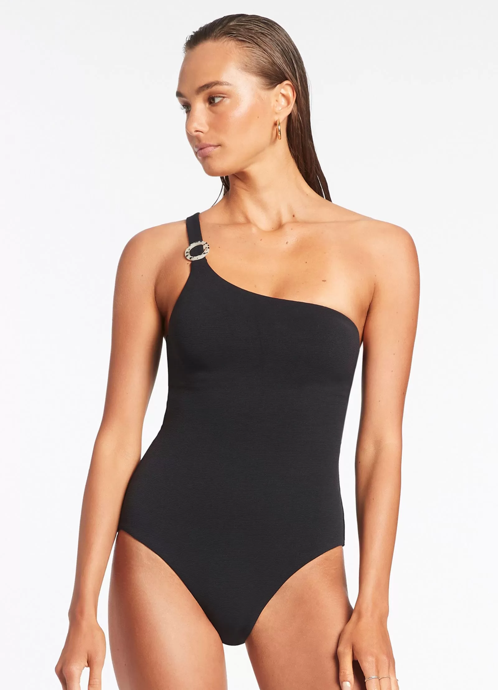 Isla Rib One Shoulder One Piece - Black