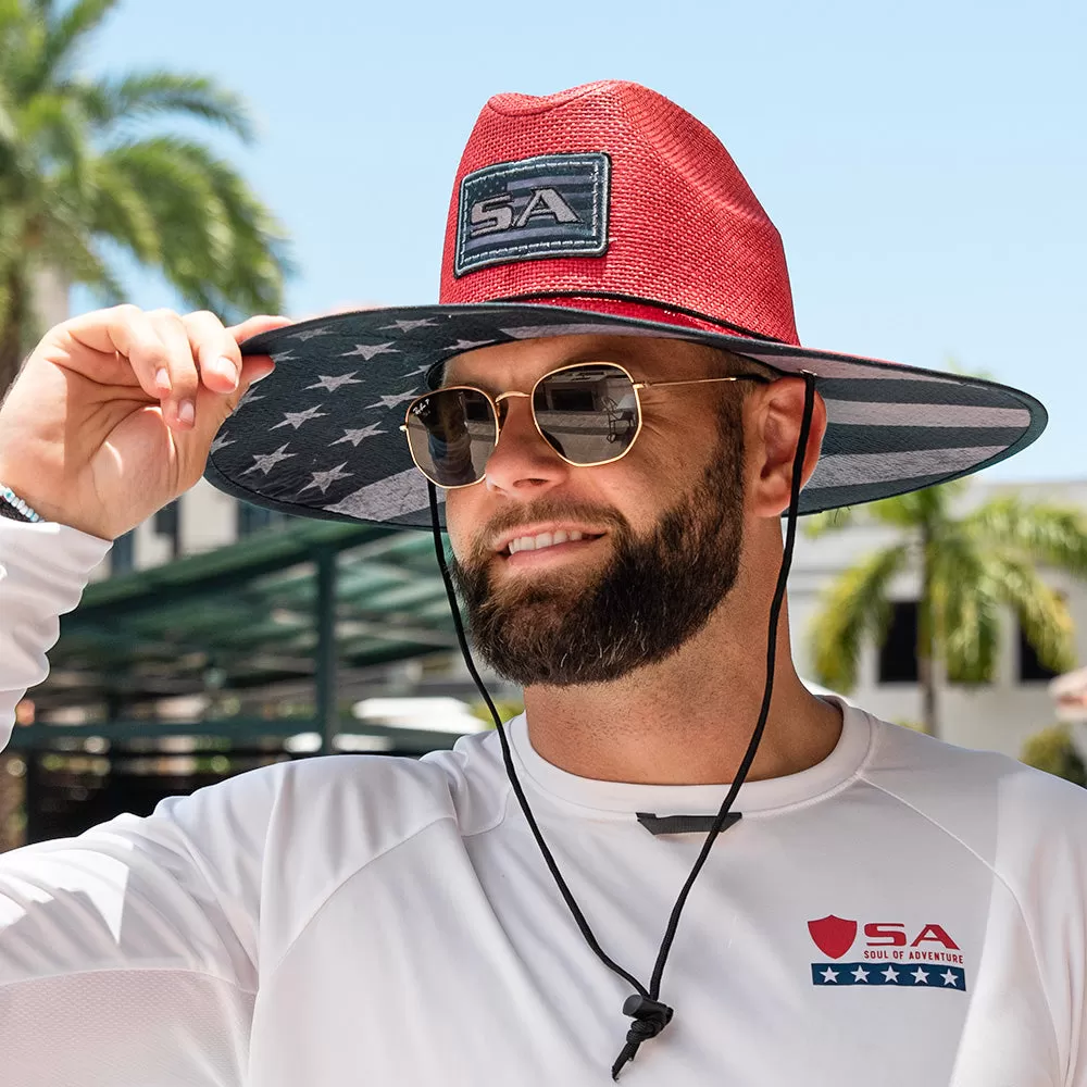 Keys Under Brim Straw Hat | Blackout American Flag | Red