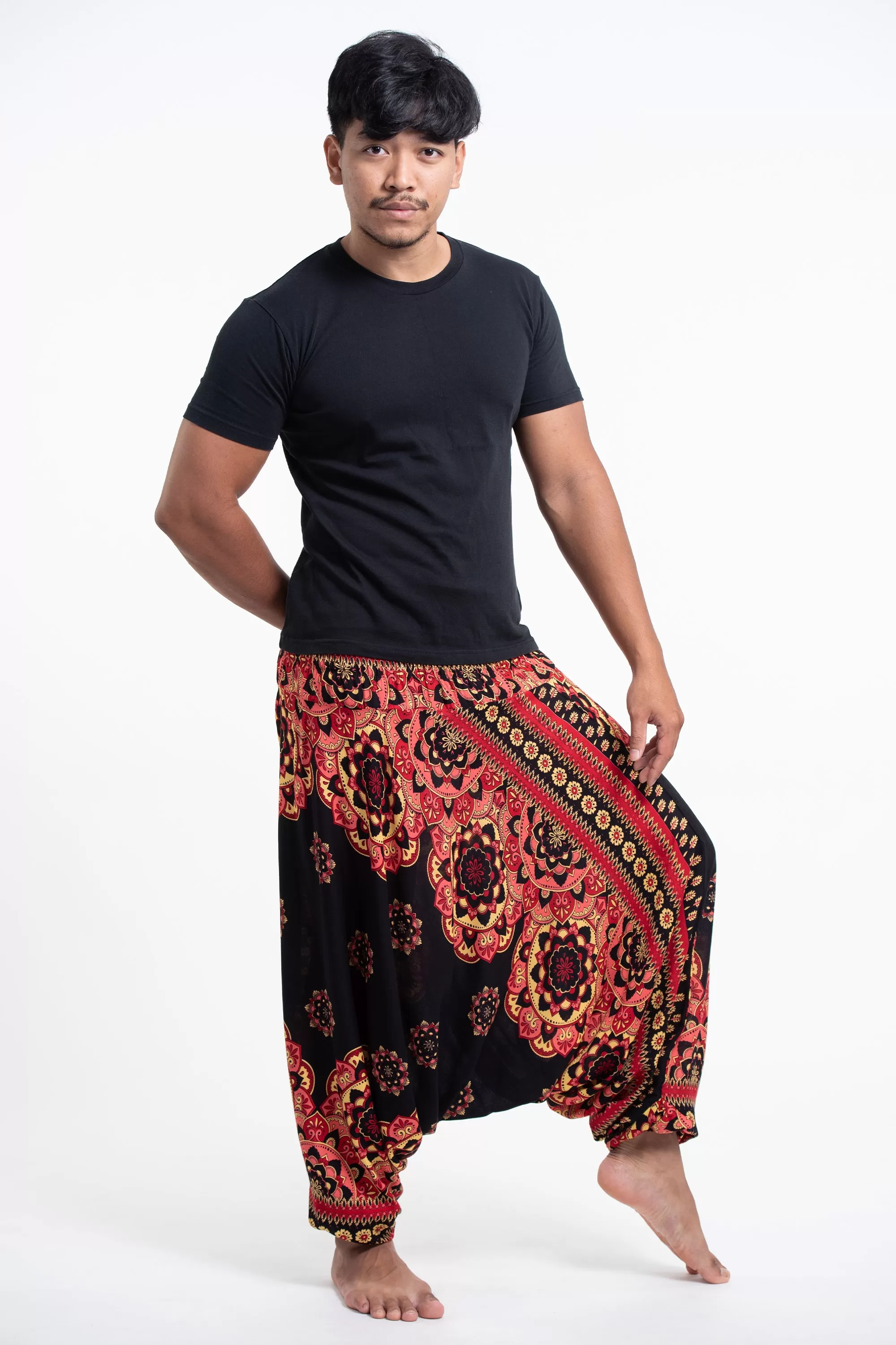 Lotus Mandalas Drop Crotch Men's Harem Pants in Black