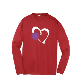 Love Pickleball Heart (Purple) | Youth Long Sleeve Athletic Pickleball Shirt | 100% Polyester