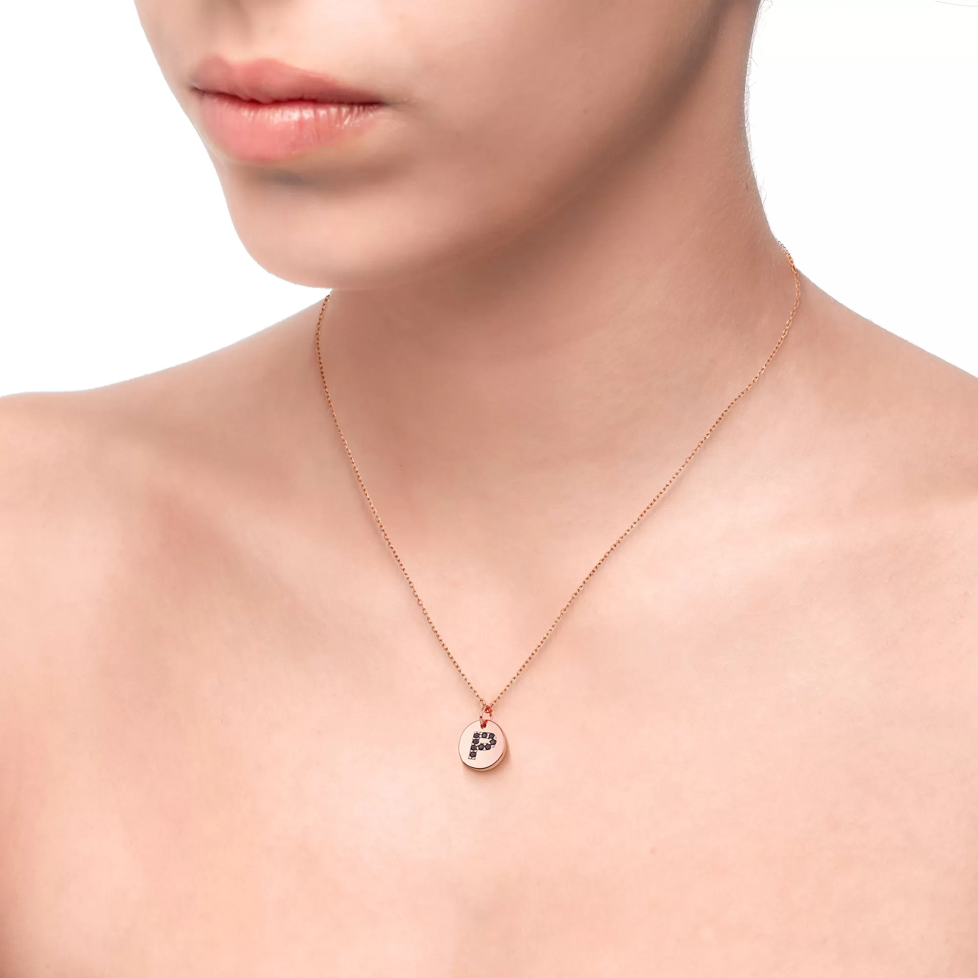 Magna | P Letter Necklace | Black CZ | Rose Gold Plated 925 Silver