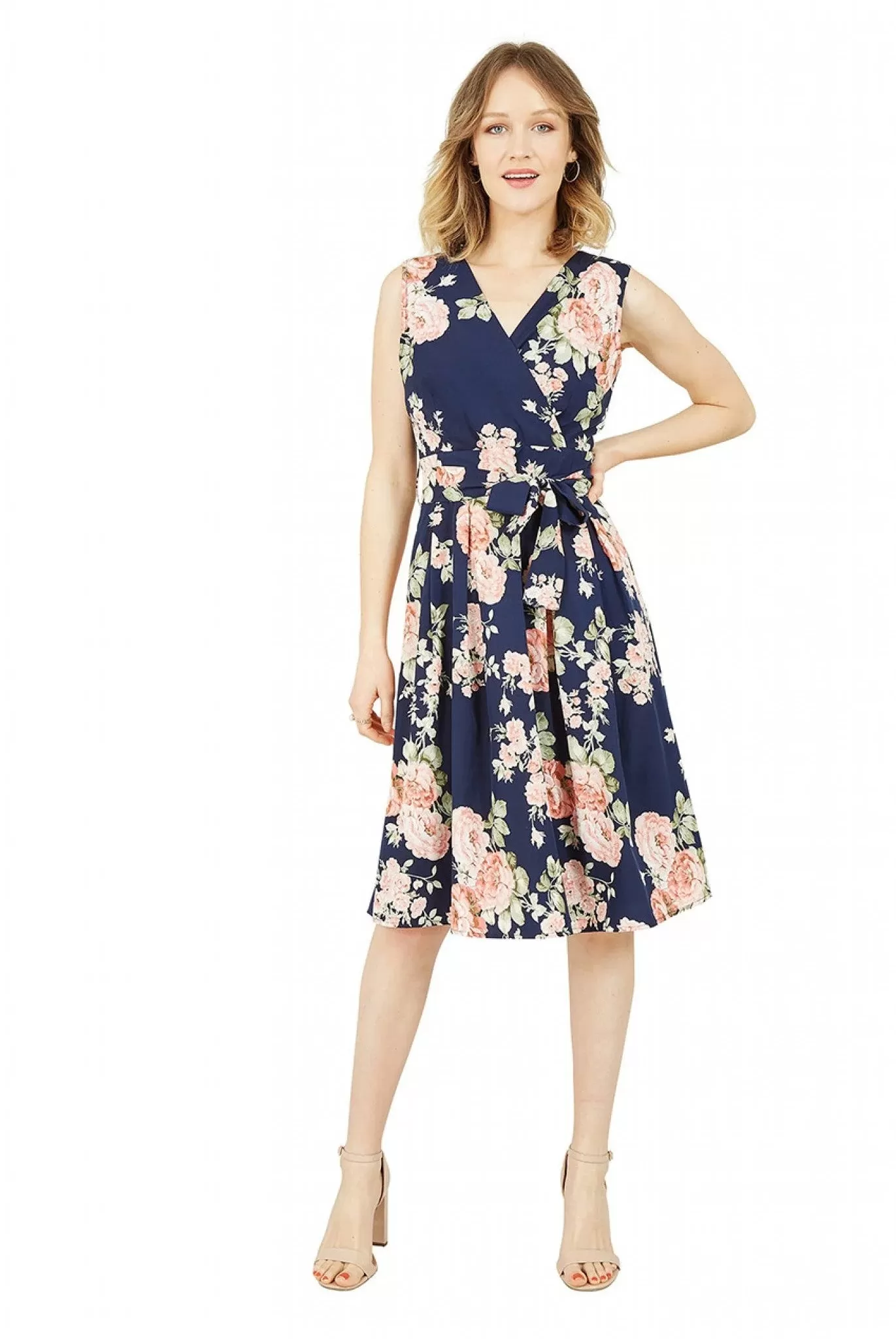 Mela London Rose Printed Wrap Over Sleeveless Skater Dress