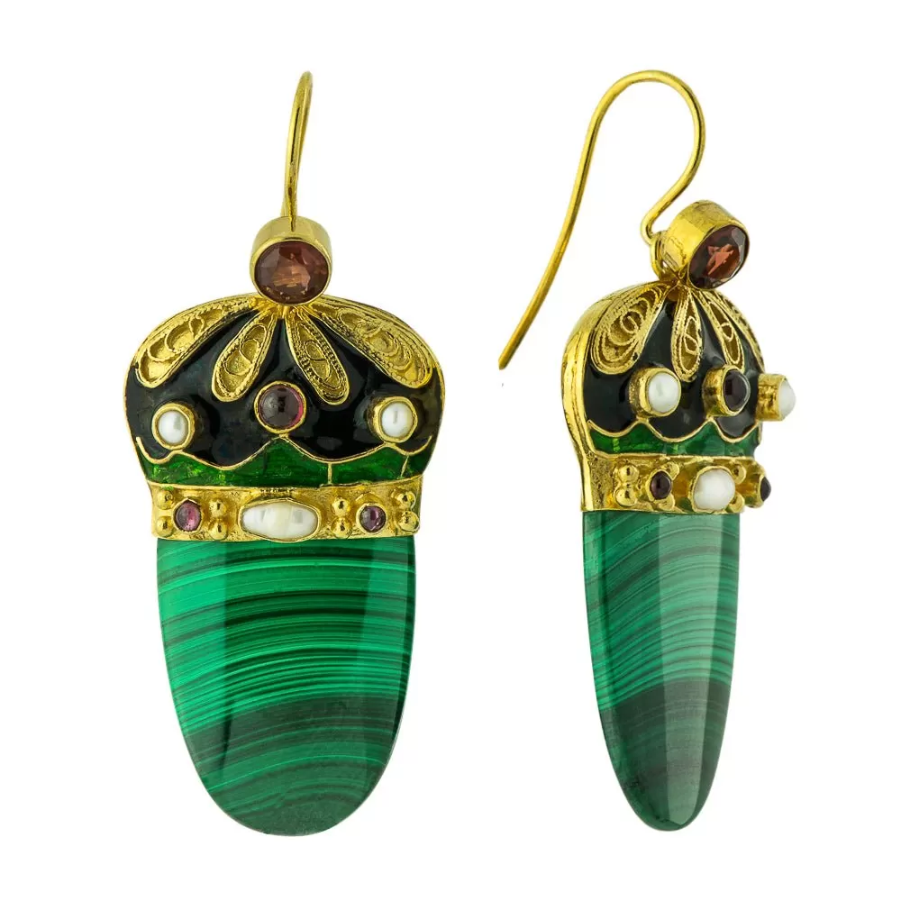 Nicholas I 14k Gold, Malachite, Garnet and Pearl Earrings