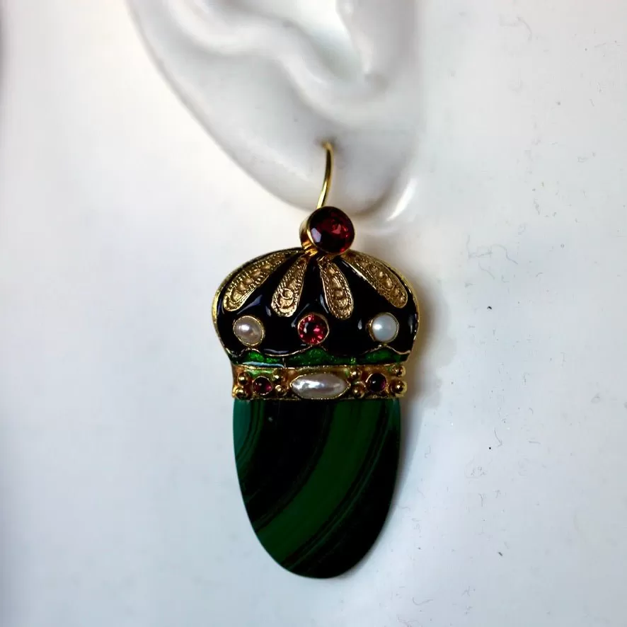 Nicholas I 14k Gold, Malachite, Garnet and Pearl Earrings