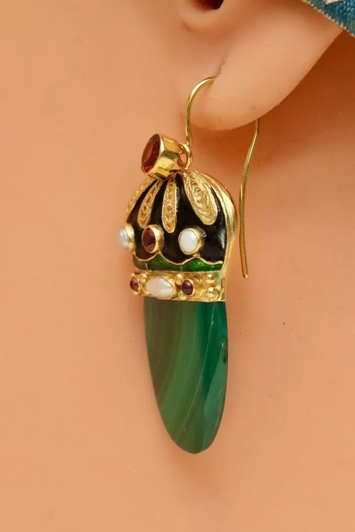 Nicholas I 14k Gold, Malachite, Garnet and Pearl Earrings