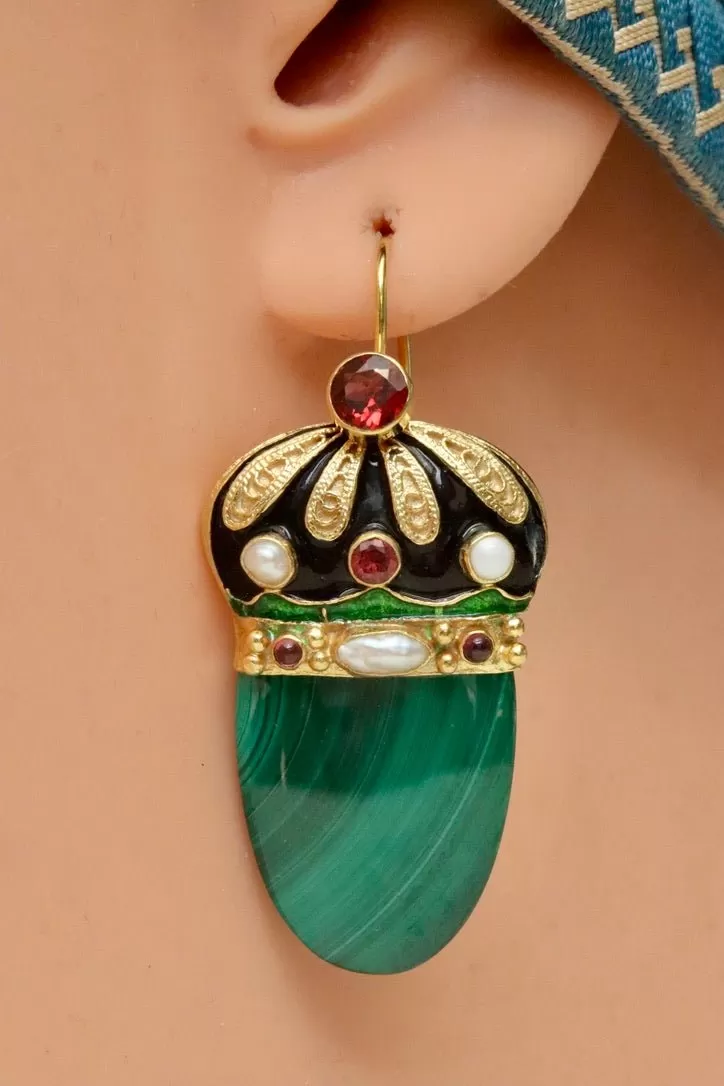 Nicholas I 14k Gold, Malachite, Garnet and Pearl Earrings