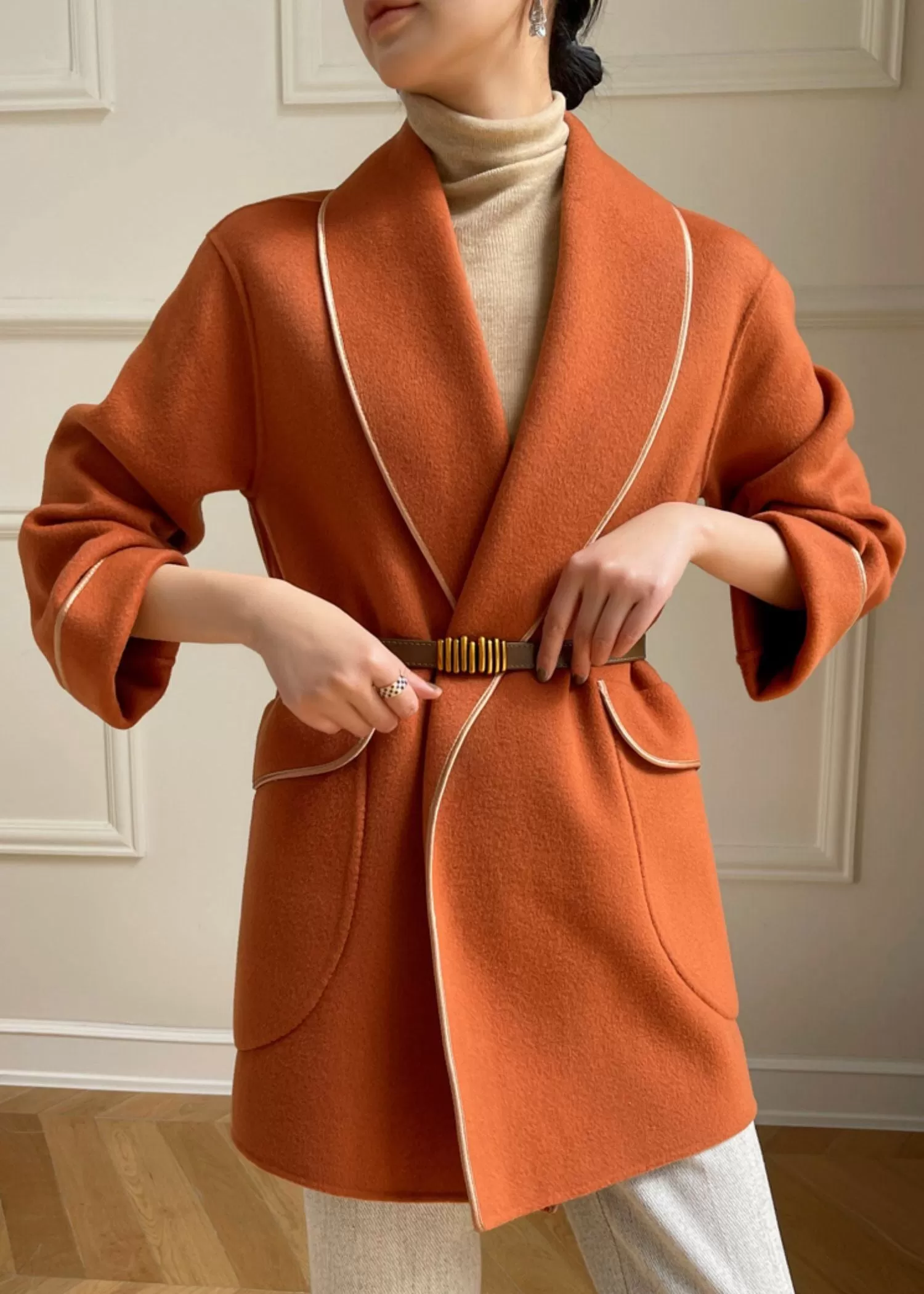 Noelle Belted Wool Blend Shawl Collar Coat