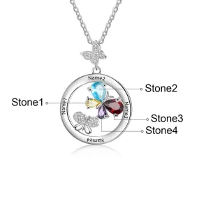 Personalized 4 Names And Stones Engraved Butterfly Necklace