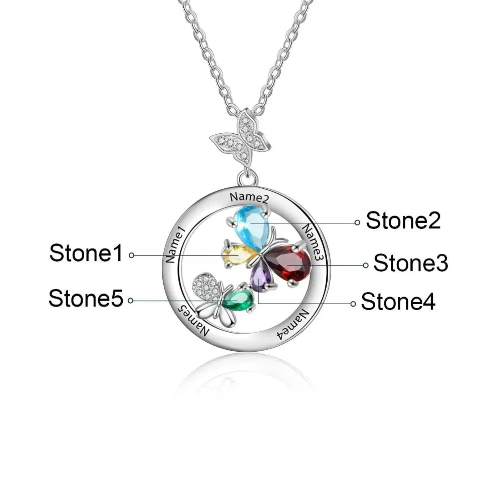 Personalized 5 Names And Stones Engraved Butterfly Necklace