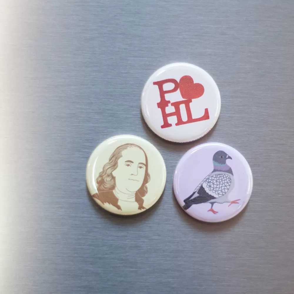 Philadelphia magnet set, Philly pigeon magnet, Ben Franklin magnet for refrigerator