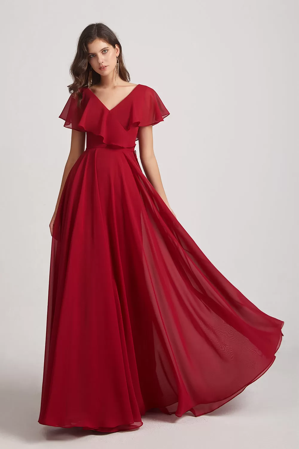 Ruffle Neckline Pleated Chiffon A-Line Bridesmaid Dresses (AF0148)