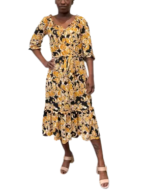 Ruffled Printed Dress with elastic waist and self belt in black and golden yellow scroll print print