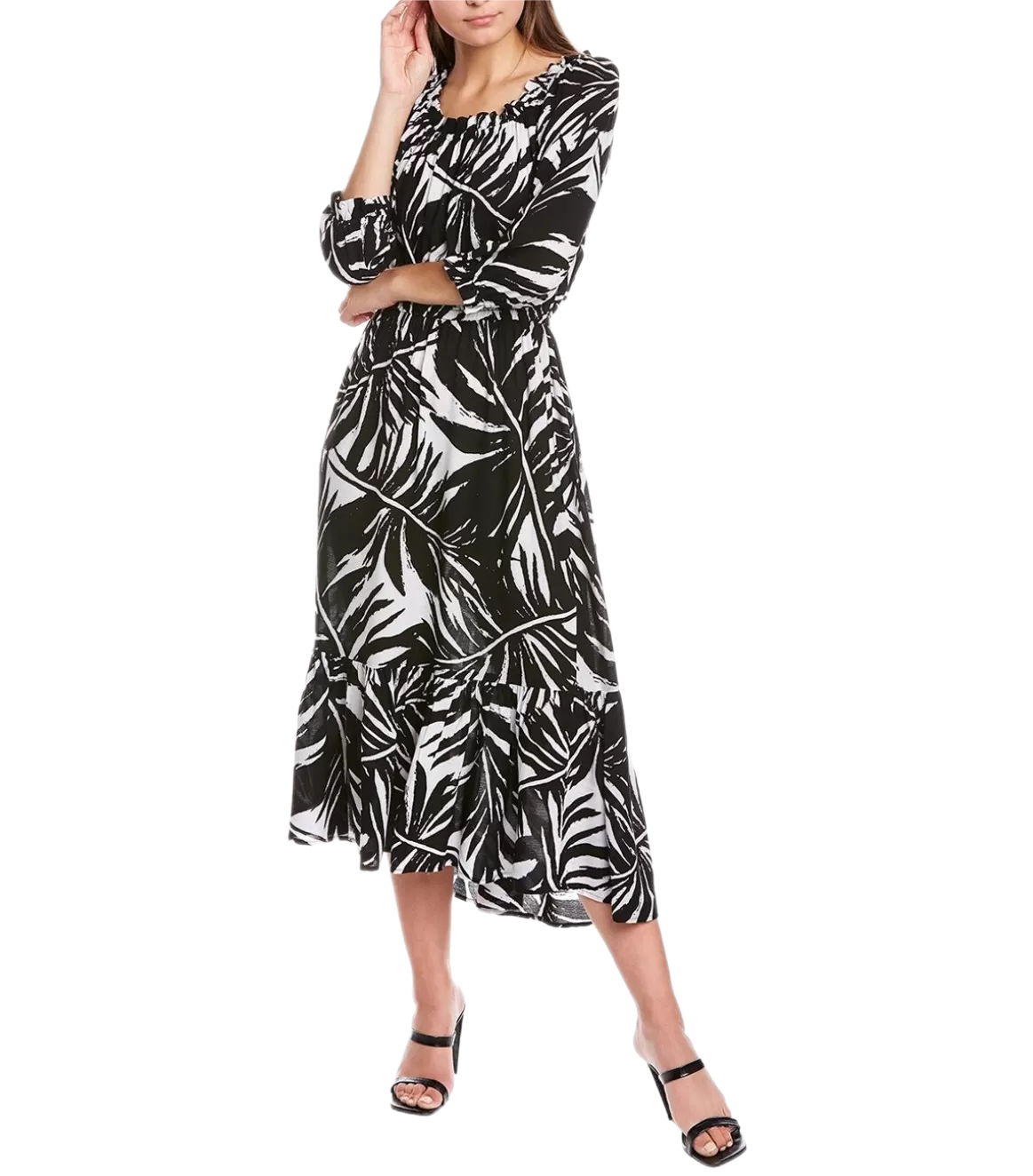 Ruffled Printed Textured Breathable Rayon Crepe Dress with elastic waist and self belt in black floral print