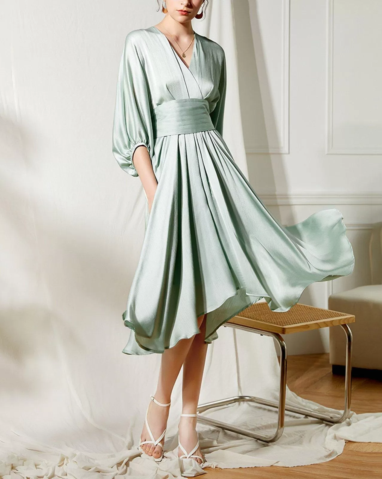 Satin Mint Green Cocktail Midi Dress