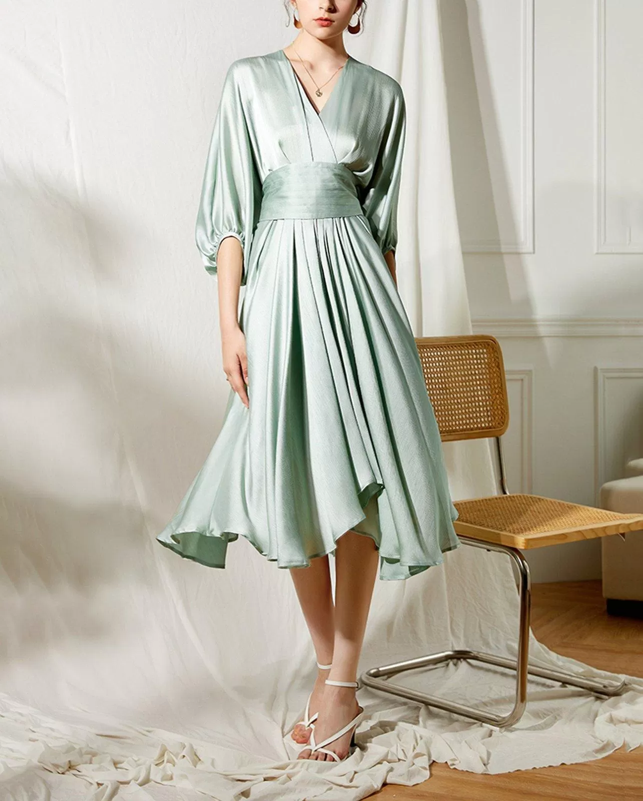 Satin Mint Green Cocktail Midi Dress