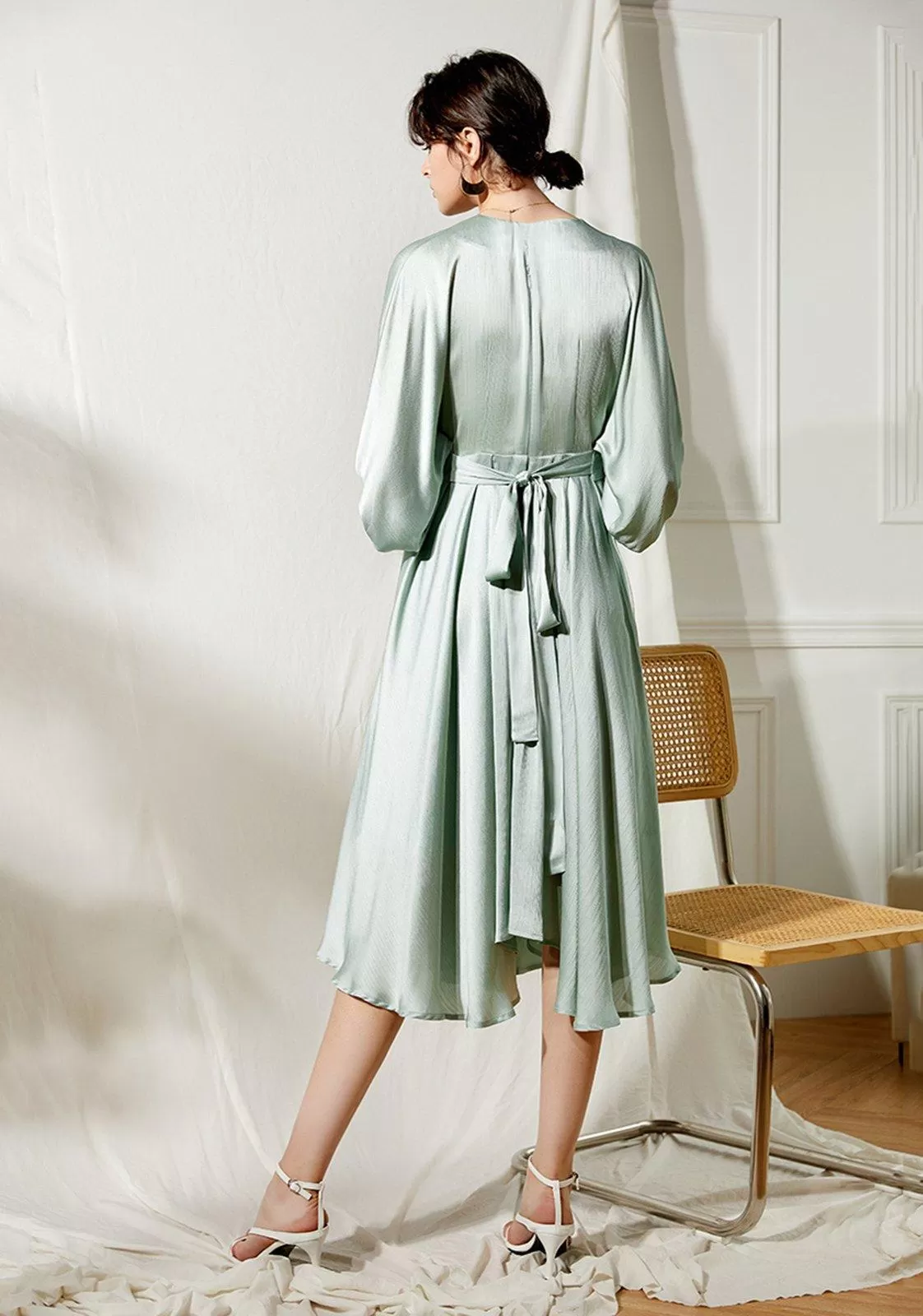 Satin Mint Green Cocktail Midi Dress