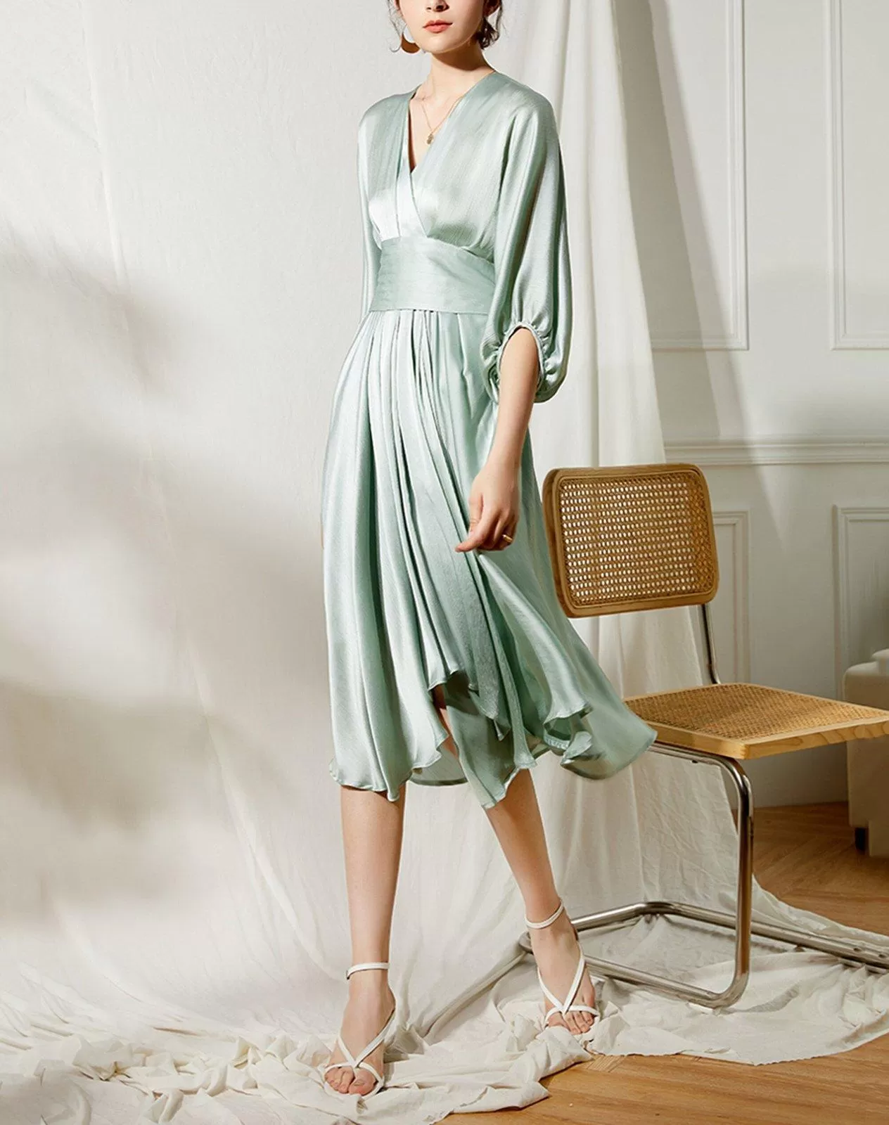 Satin Mint Green Cocktail Midi Dress