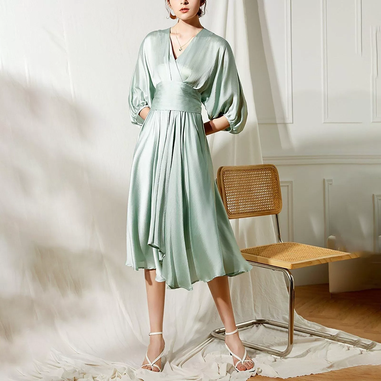 Satin Mint Green Cocktail Midi Dress