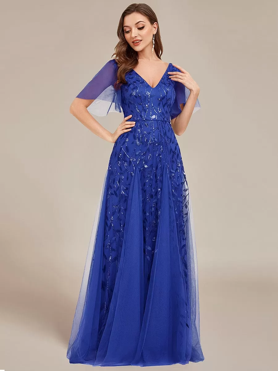 Shimmery V Neck Ruffle Sleeves Sequin Maxi Long Evening Dress