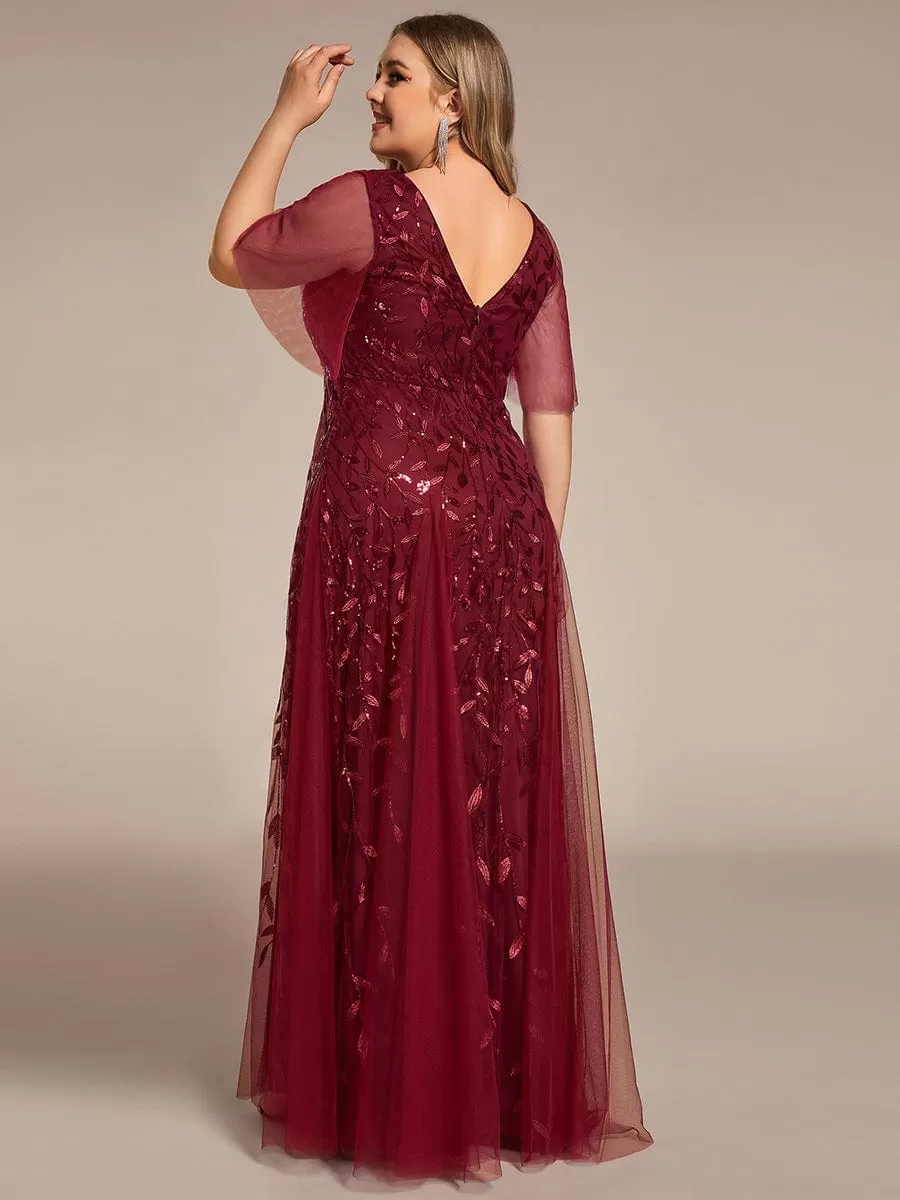 Shimmery V Neck Ruffle Sleeves Sequin Maxi Long Evening Dress