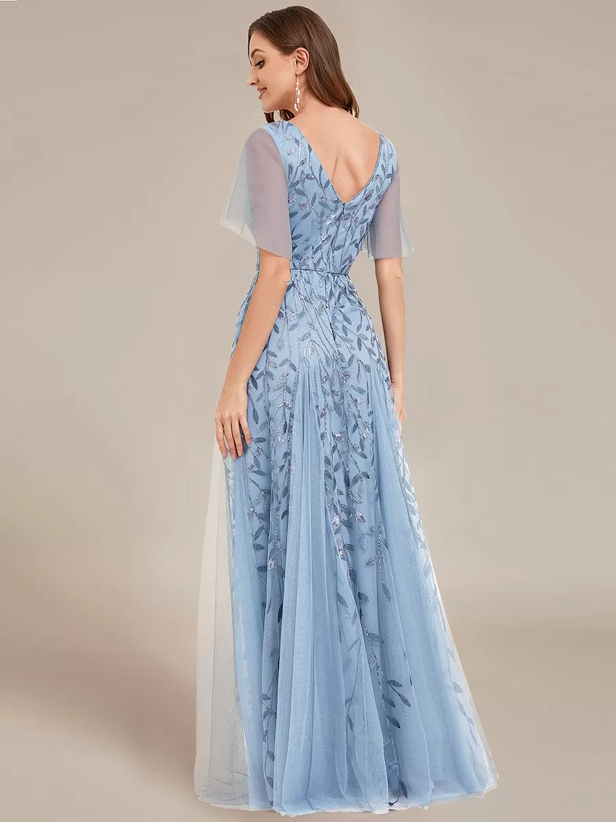 Shimmery V Neck Ruffle Sleeves Sequin Maxi Long Evening Dress