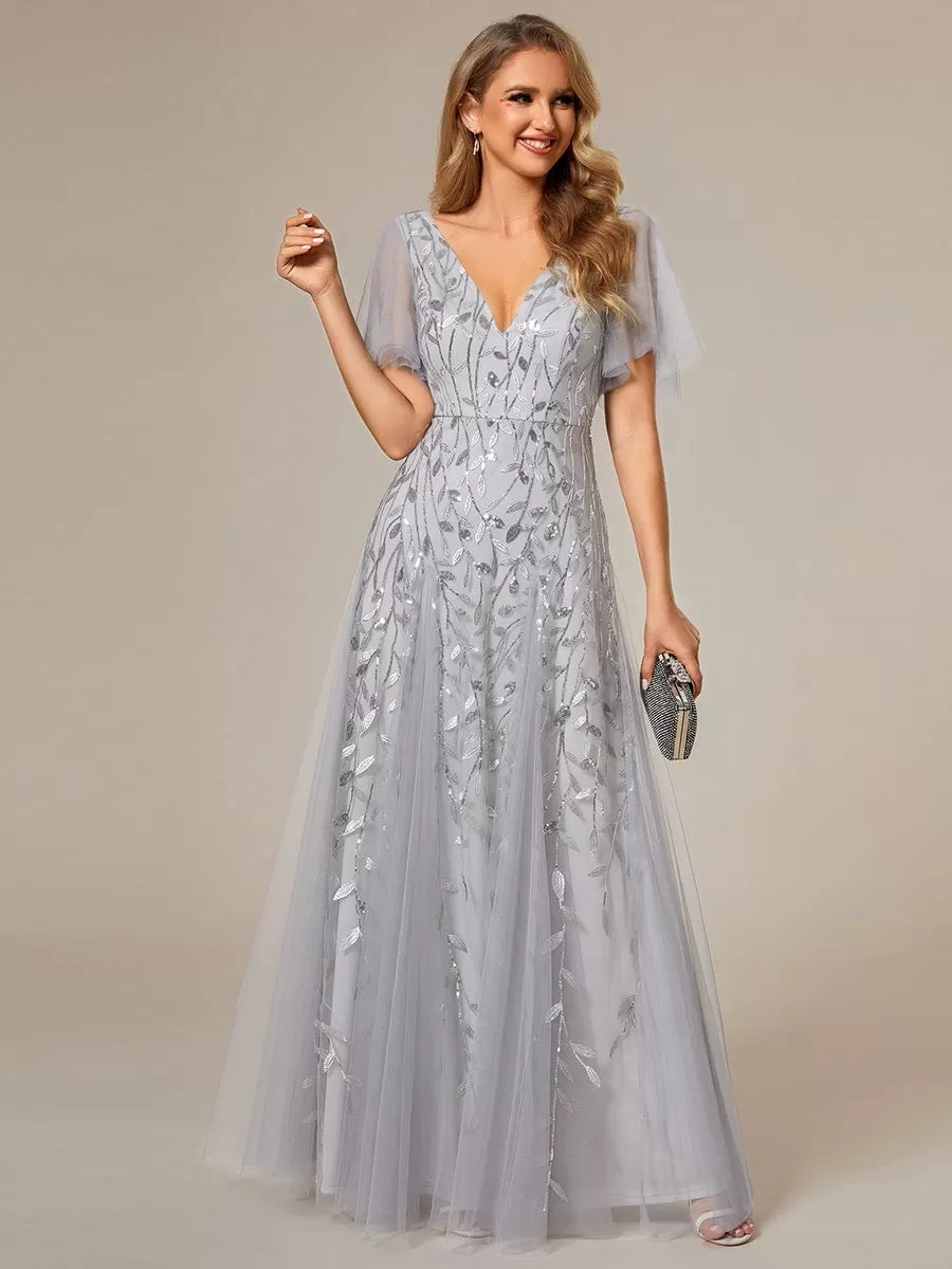 Shimmery V Neck Ruffle Sleeves Sequin Maxi Long Evening Dress