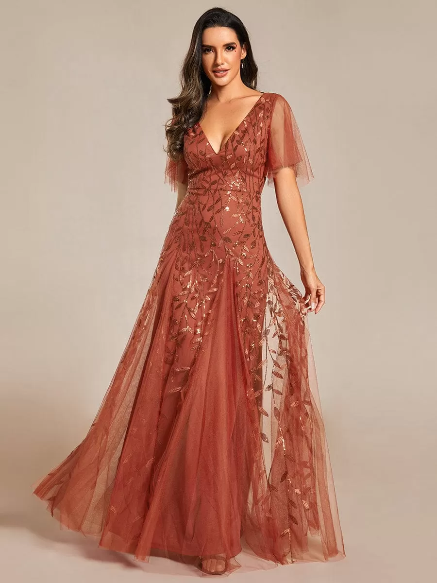 Shimmery V Neck Ruffle Sleeves Sequin Maxi Long Evening Dress