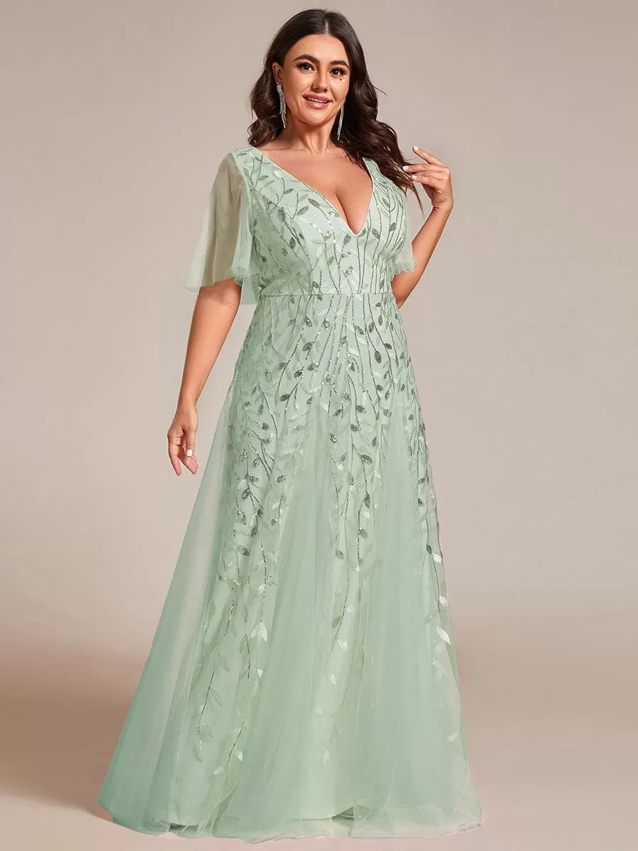 Shimmery V Neck Ruffle Sleeves Sequin Maxi Long Evening Dress