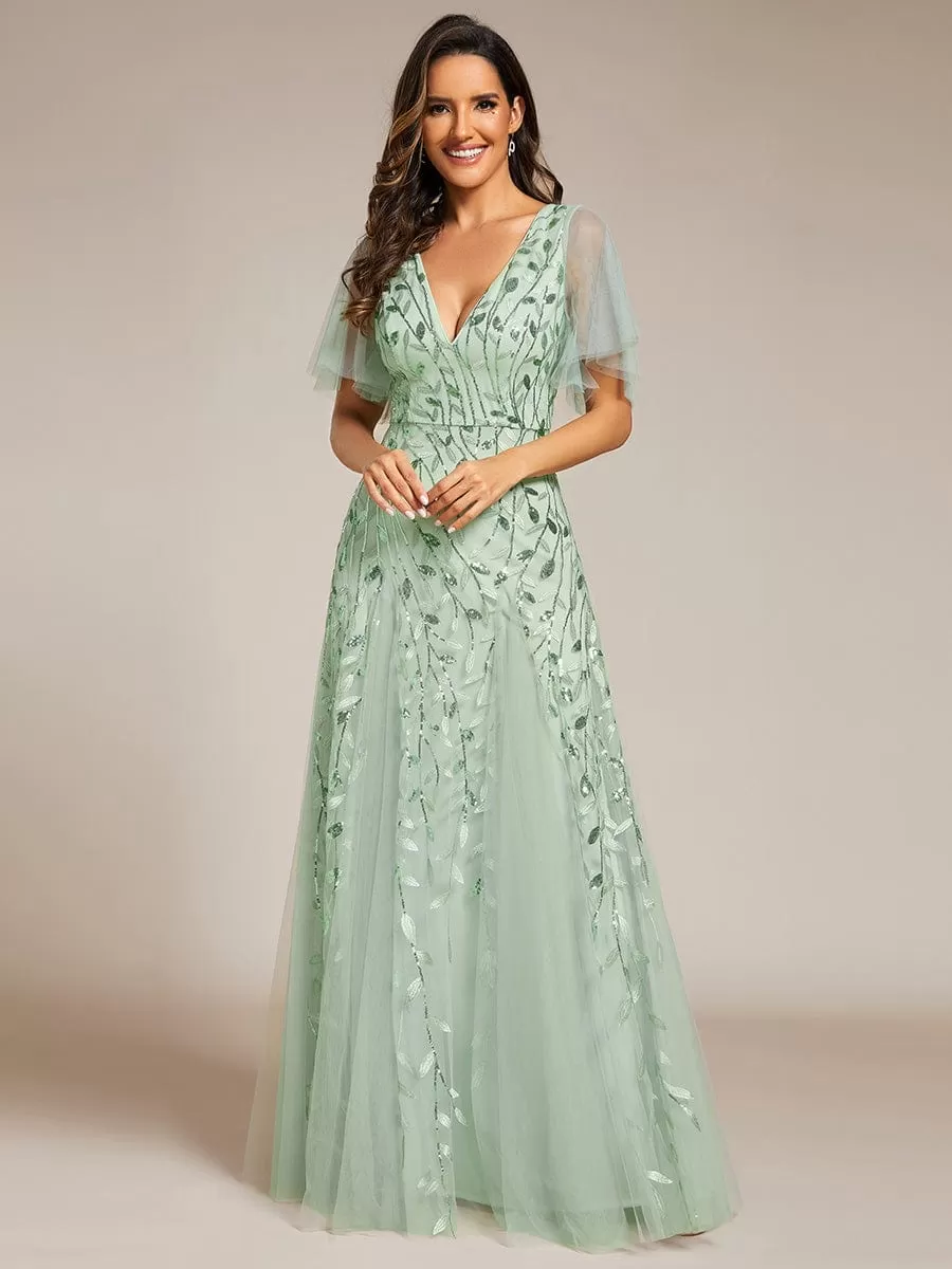 Shimmery V Neck Ruffle Sleeves Sequin Maxi Long Evening Dress