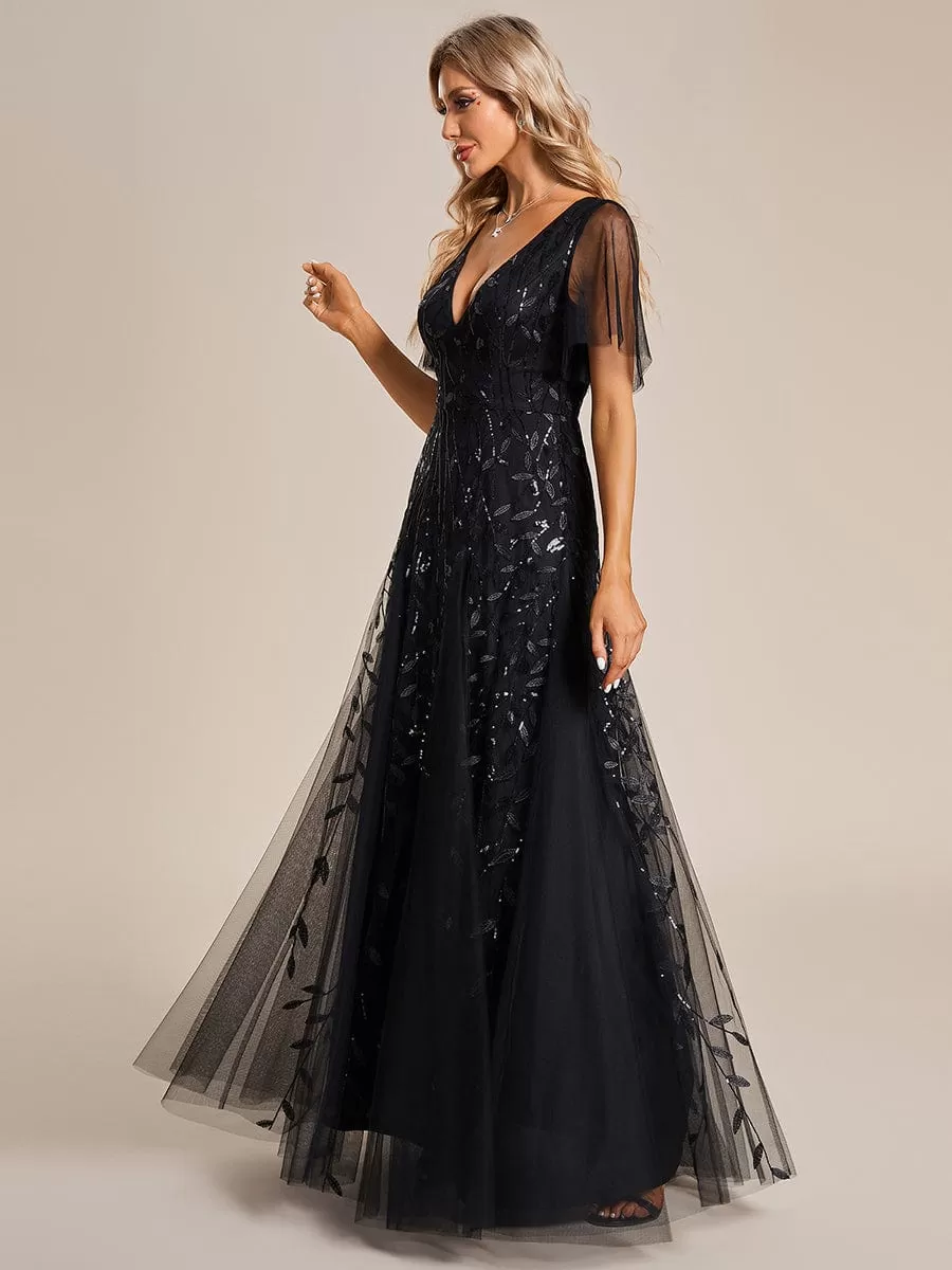 Shimmery V Neck Ruffle Sleeves Sequin Maxi Long Evening Dress