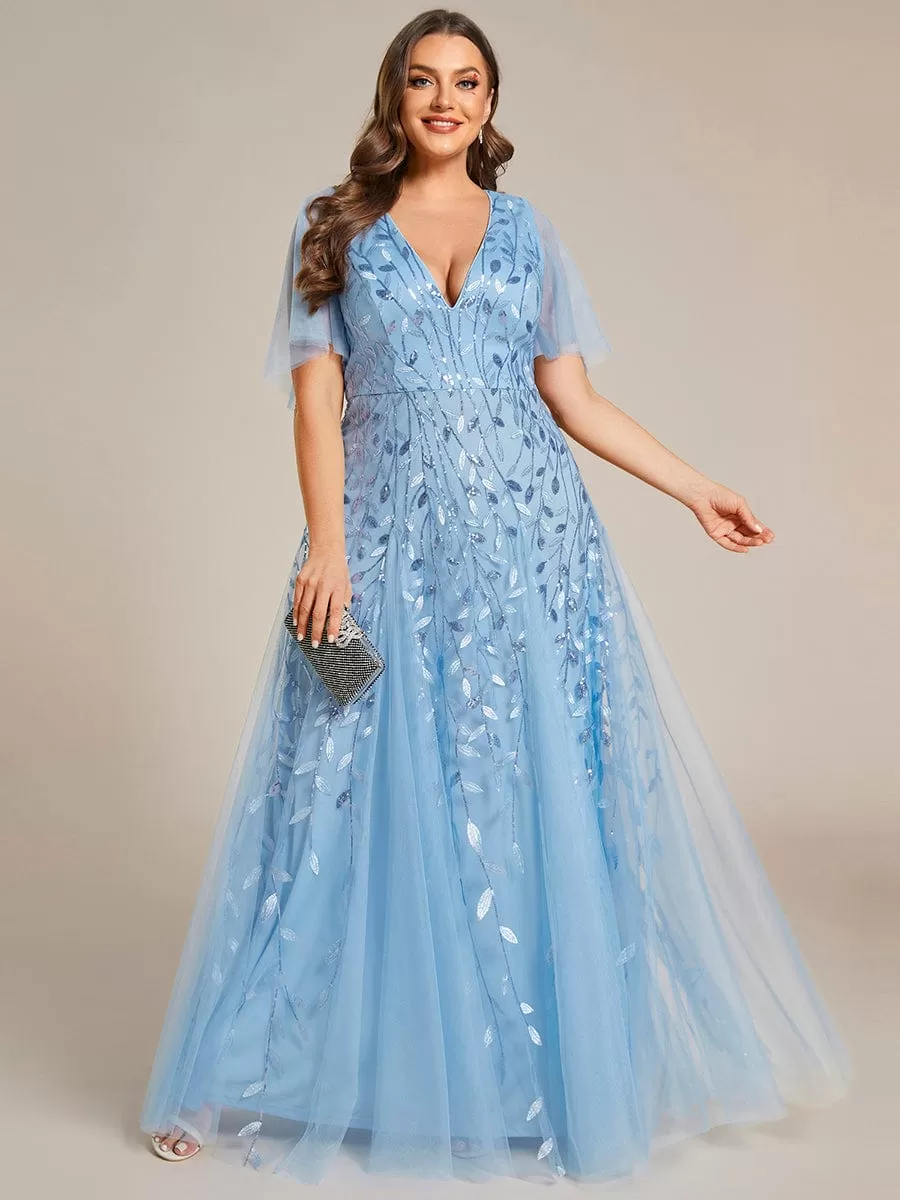 Shimmery V Neck Ruffle Sleeves Sequin Maxi Long Evening Dress