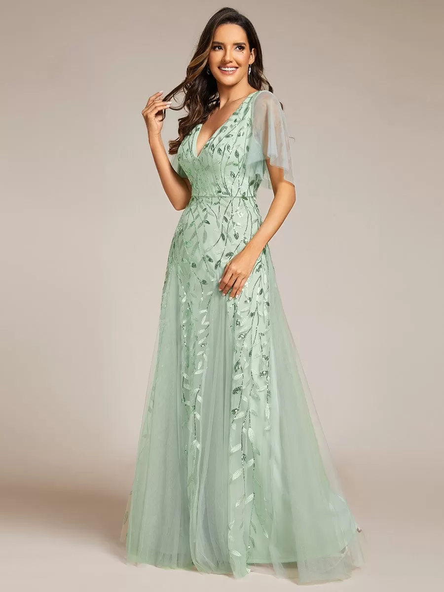 Shimmery V Neck Ruffle Sleeves Sequin Maxi Long Evening Dress