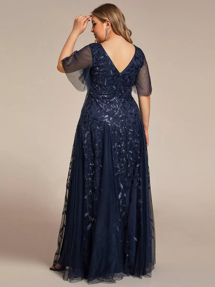 Shimmery V Neck Ruffle Sleeves Sequin Maxi Long Evening Dress