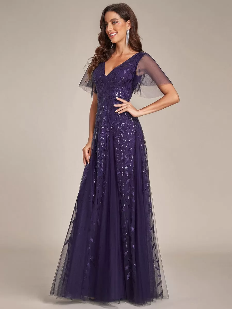 Shimmery V Neck Ruffle Sleeves Sequin Maxi Long Evening Dress