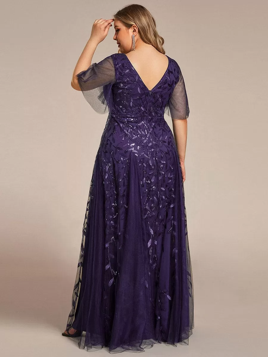 Shimmery V Neck Ruffle Sleeves Sequin Maxi Long Evening Dress