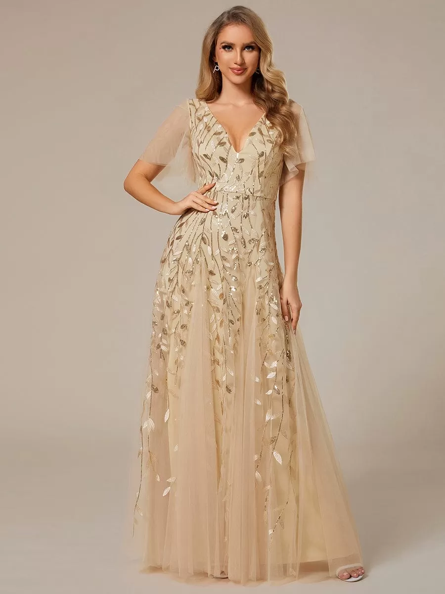 Shimmery V Neck Ruffle Sleeves Sequin Maxi Long Evening Dress