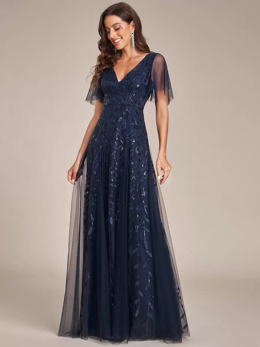 Shimmery V Neck Ruffle Sleeves Sequin Maxi Long Evening Dress